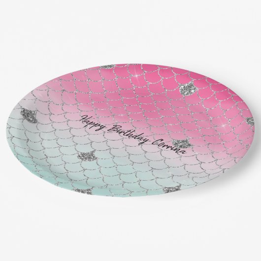 Girly Pink Mint Silver Glitzer Meerjungfrau Pappteller (Schrägansicht)