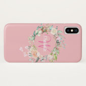 Girly Pink Monogram Initial Rose Floral Case-Mate iPhone Hülle (Rückseite (Horizontal))
