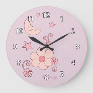 Girly Pink Moon And Stars Große Wanduhr