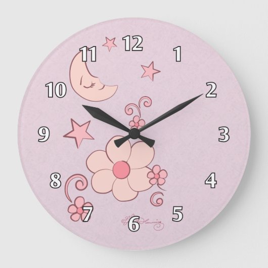 Girly Pink Moon And Stars Große Wanduhr (Vorderseite)