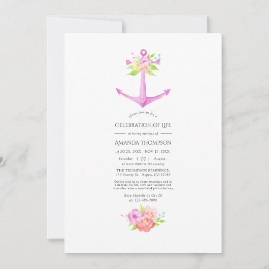 Girly Pink Nautical Floral Celebration of Life Einladung (Vorderseite)