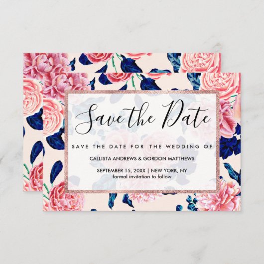 Girly Pink Navy Blue Country Blume Save The Date (Vorne/Hinten)
