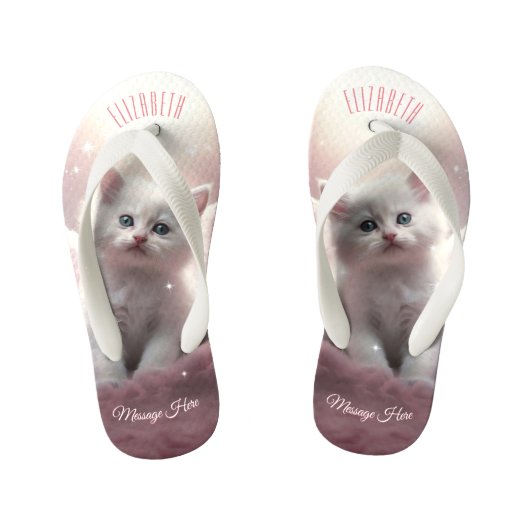 Girly Pink Niedlich Kitten mit Angel Wings Kinderbadesandalen (Fußbett)