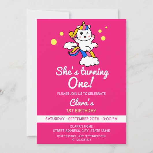 Girly Pink Niedlich Rainbow Unicorn Einladung (Vorderseite)