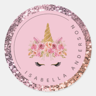 Girly Pink Ombre Glitzer Unicorn Runder Aufkleber