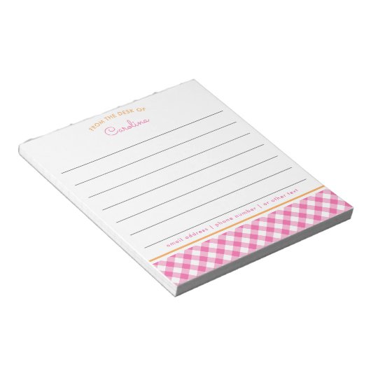 Girly Pink & Orange Script Gingham Lined Notizblock (angewinkelt)