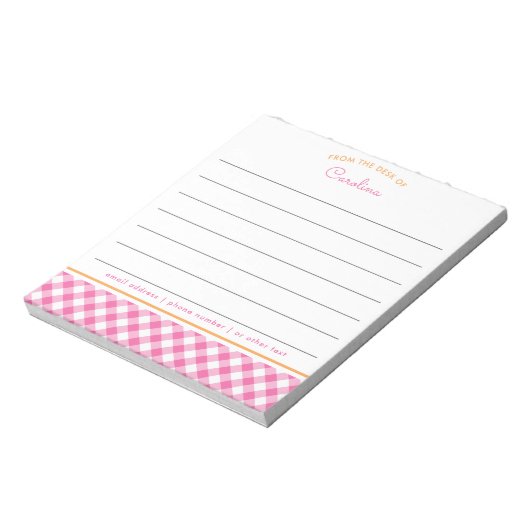 Girly Pink & Orange Script Gingham Lined Notizblock (Rotiert)