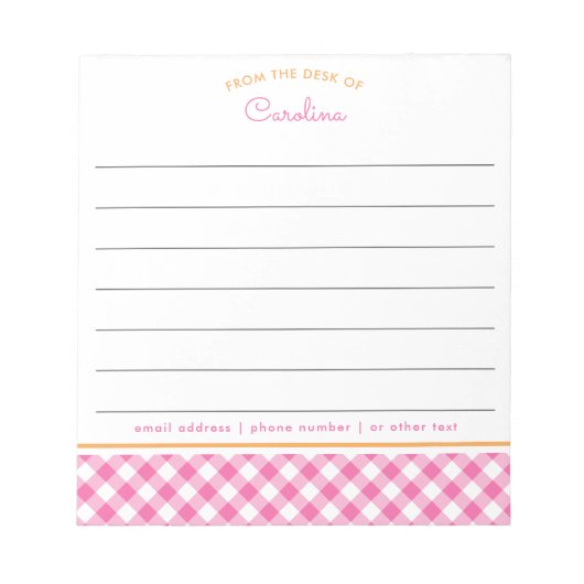 Girly Pink & Orange Script Gingham Lined Notizblock (Vorderseite)