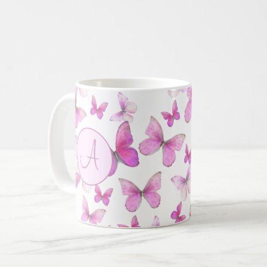 Girly Pink Pastel Butterfets Custom Mit Monogramm Kaffeetasse (Vorderseite Links)