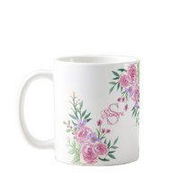 Girly Pink Peach Watercolor Rose Initial Monogram