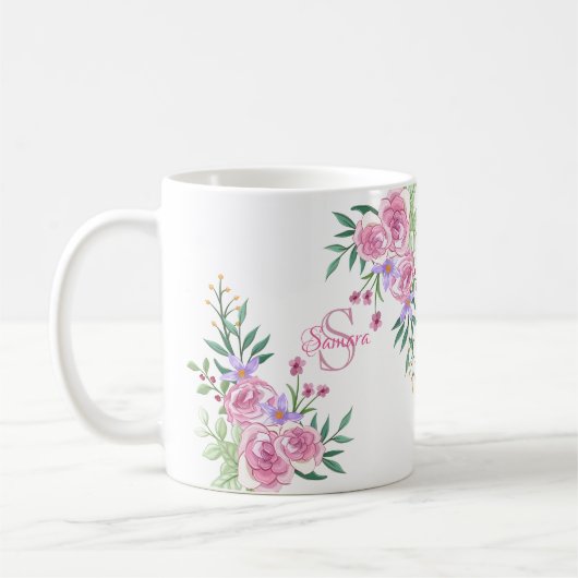 Girly Pink Peach Watercolor Rose Initial Monogram Kaffeetasse (Links)