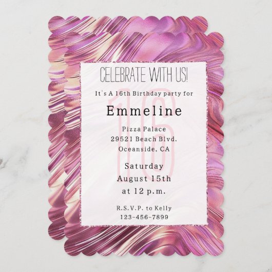 Girly Pink Pearl Rose Gold Glam Sweet 16 Einladung (Vorne/Hinten)