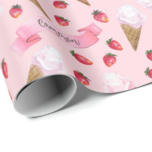 Girly Pink Personalisiert Strawbere Ice Creme Cone Geschenkpapier (Rolleneckpunkt)