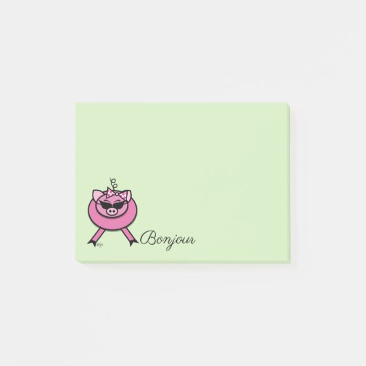 Girly Pink Pig Bonjour Post-it Klebezettel (Vorderseite)