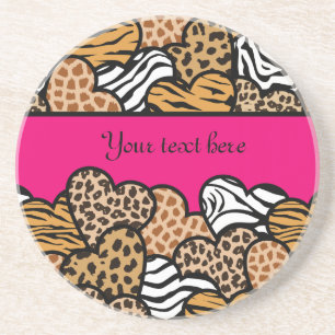 Girly Pink Playful Animal Print Herz Name Getränkeuntersetzer