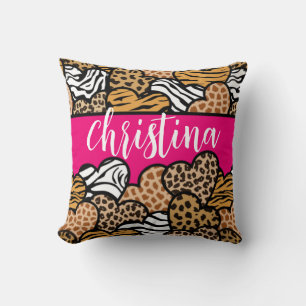 Girly Pink Playful Animal Print Herz Name Kissen