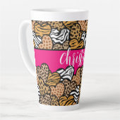 Girly Pink Playful Animal Print Herz Name Milchtasse (Linke Ecke)