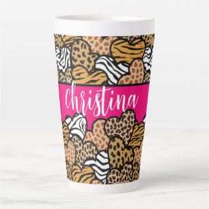 Girly Pink Playful Animal Print Herz Name Milchtasse