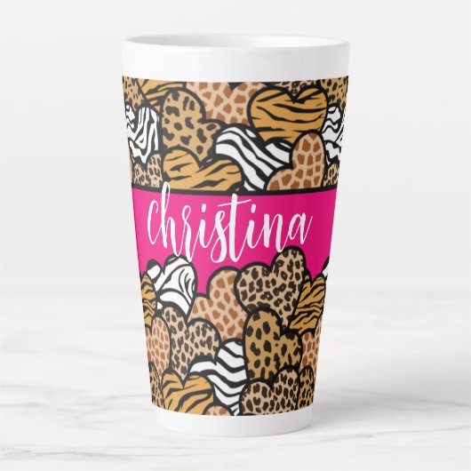 Girly Pink Playful Animal Print Herz Name Milchtasse (Vorderseite)