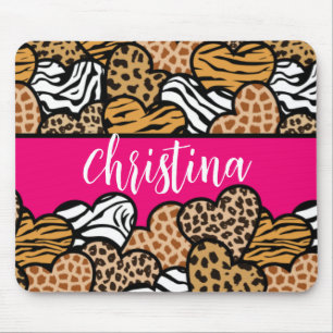 Girly Pink Playful Animal Print Herz Name Mousepad