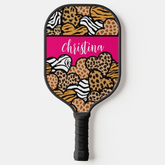 Girly Pink Playful Animal Print Herz Name Pickleball Schläger (Rückseite)