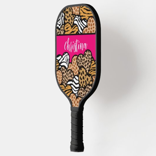 Girly Pink Playful Animal Print Herz Name Pickleball Schläger (Links)