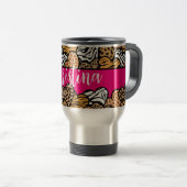 Girly Pink Playful Animal Print Herz Name Reisebecher (VorderseiteRechts)