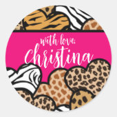 Girly Pink Playful Animal Print Herz Name Runder Aufkleber (Vorderseite)
