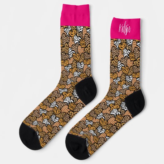 Girly Pink Playful Animal Print Herz Name Socken (Linkes Detail)