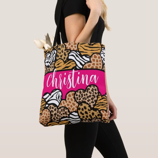 Girly Pink Playful Animal Print Herz Name Tasche (Von Nahem)
