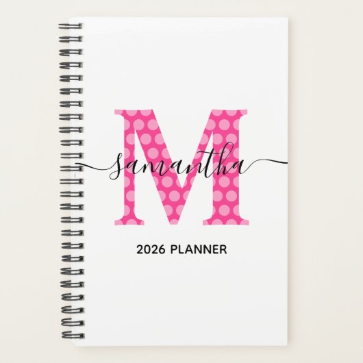 Girly Pink Polka Dot Monogram Planer (Vorderseite)