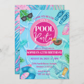Girly Pink Pool Party Tropical Birthday Girl Einladung (Vorne/Hinten)