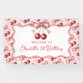 Girly Pink Red Coquette Cherry Erster Geburtstag Banner (Horizontal)