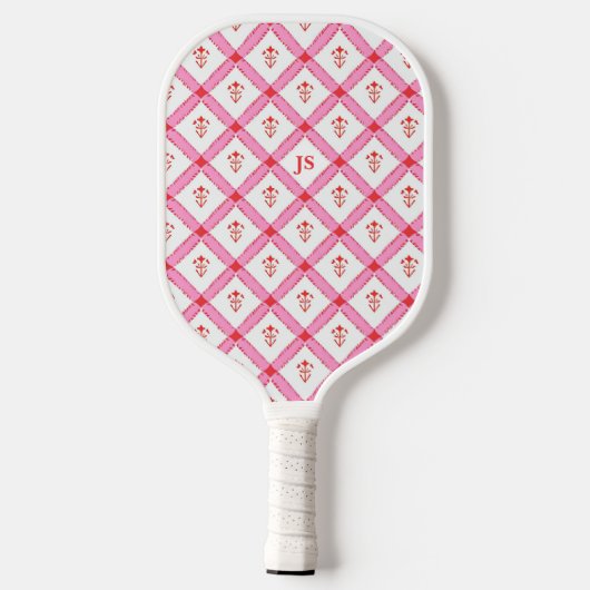 Girly Pink & Red Muster mit Initialen Pickleball Schläger (Rückseite)