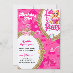 Girly Pink Retro Puppe Lass uns Geburtstag Party g Einladung
