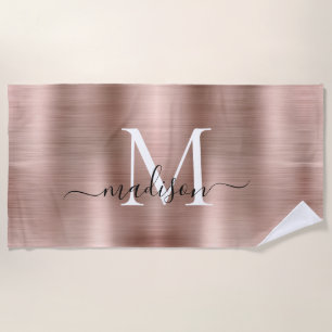 Girly Pink Rose Gold Brushed Metal Script Monogram Strandtuch