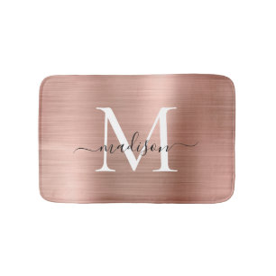 Girly Pink Rose Gold Monogram Script Bürstenmetall Badematte