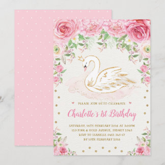 Girly Pink Roses Swan Princess 1. Geburtstag Party Einladung