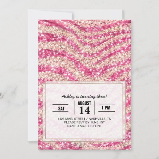 Girly Pink Schimmer Zebra-Muster Einladung (Vorderseite)