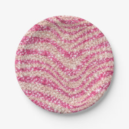 Girly Pink Schimmernder Zebrastreifen             Pappteller