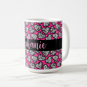 Girly pink schwarz-weiße Zebraherzen mit Namen Kaffeetasse