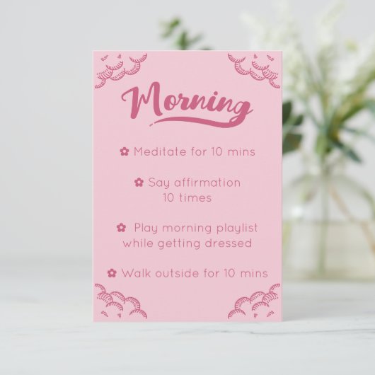 Girly Pink Script Mindful Morning Routine Card Einladung (Stehend Vorderseite)