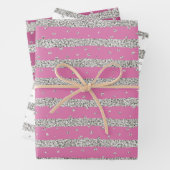 Girly Pink Silver Funkelnd Confetti Streifen Geschenkpapier Set (Beispiel)