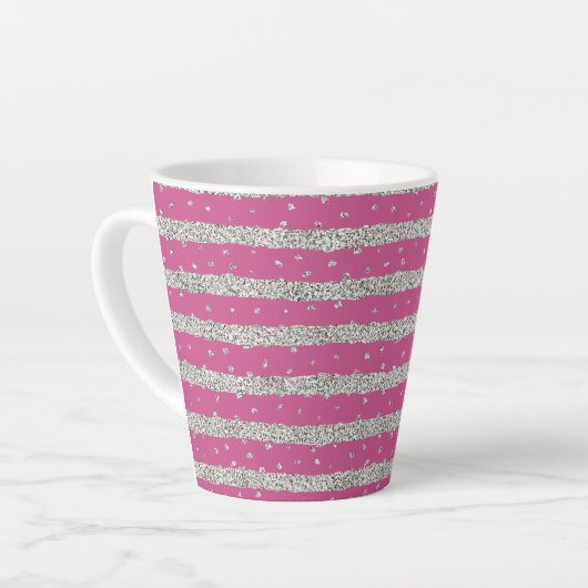 Girly Pink Silver Funkelnd Confetti Streifen Milchtasse (Linke Ecke)