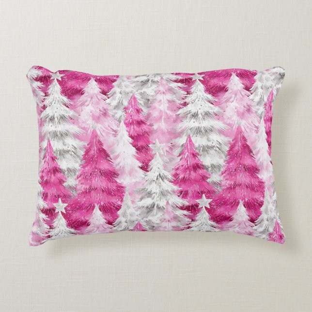 Girly Pink Silver Glam Christmas Trees Stripes Dekokissen (Vorderseite)