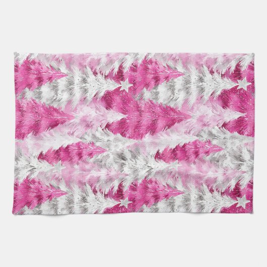 Girly Pink Silver Glam Christmas Trees Stripes Geschirrtuch (Horizontal)