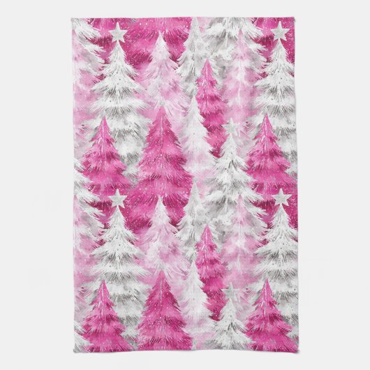 Girly Pink Silver Glam Christmas Trees Stripes Geschirrtuch (Vertikal)