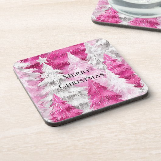 Girly Pink Silver Glam Christmas Trees Stripes Getränkeuntersetzer (Linke Seite)