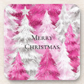 Girly Pink Silver Glam Christmas Trees Stripes Getränkeuntersetzer (Vorderseite)