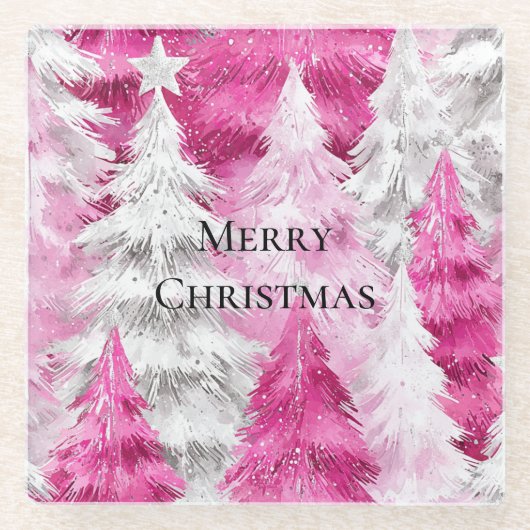 Girly Pink Silver Glam Christmas Trees Stripes Glasuntersetzer (Vorderseite)